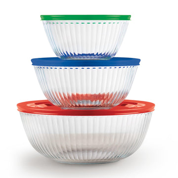 Pyrex Sculpted Glass Mixing Bowl Set, 6 Piece With Lids, Clear