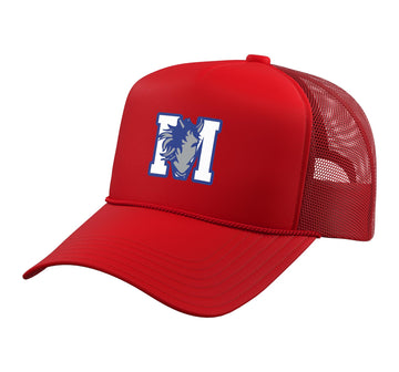 Curtis-Tufts M Mustang Trucker Hat with Adjustable Mesh Back by Curtis-Tufts High School, Medford, MA 02155 – Polyester, Red
