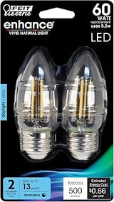 Feit Electric B10 Enhance LED Light Bulb, 60W Eq, Daylight White, 2 Pack