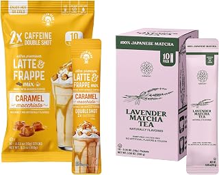 The Frozen Bean Caramel Macchiato Frappe & Latte Instant Mix (10 Sticks) - The Harmony Matcha Lavender (10 Sticks) Premium Japanese Matcha Powder