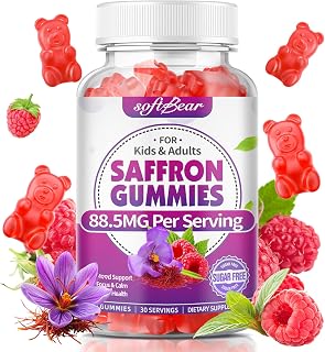 softbear Saffron Gummies for Kids & Adults, 10-in-1 Organic Saffron Supplements with 88.5mg Saffron Extract Support Calm Mind & Focus & Zzz, Sugar Free/Vegan, Raspberry Flavor 60 Count