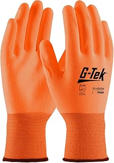 G-Tek 33-425OR/L, Hi-Vis Seamless Knit Polyester Glove with Hi-Vis Polyurethane Coated Flat Grip on Palm & Fingers