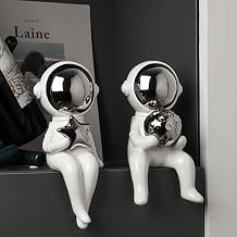 Linxia Figurine Home Decor Ceramic Astronaut Statue Collectible Bright Silver Spaceman Sculpture Decorative Astronauts Set of 2 for Desktop Bookshelf Office Living Room