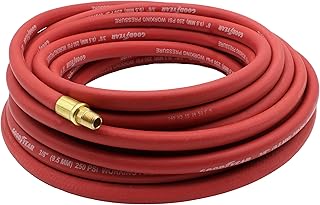 Goodyear 50' x 3/8" Red Rubber Air Hose - Working Pressure: 250 PSI - Burst Pressure: 1070 PSI - 100% Brass 1/4" NPT Fittings - Made in USA