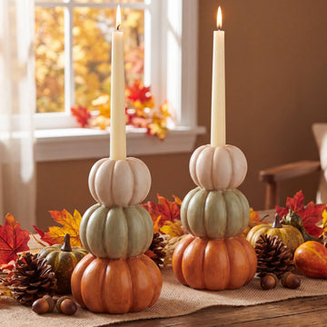 FoldTier Pumpkin Candle Holders, 5.9 Inch Resin Set of 2, Orange White Green