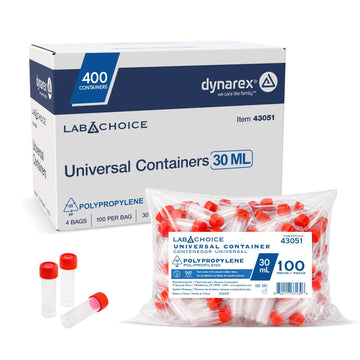 LabChoice Universal Containers - Polypropylene - 30 mL Specimen Vial with Screw-On Cap - Solid and Liquid Sample Collection - 100 per Bag by Dynarex – 400 Count, Model 43051