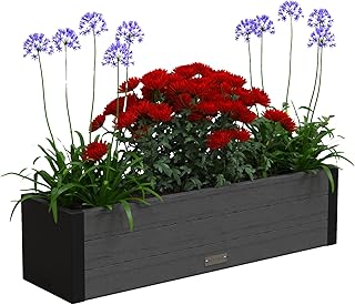 Mayne Vista 36in Rectangular Window Box Planter, Charcoal | All season, Fade resistant, Mounting brackets included, Woodgrain finish, Built-in overflow, 10-year warranty