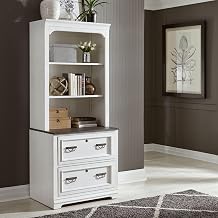 Liberty Furniture Allyson Park 2 Piece Set Lateral File Cabinet with Hutch Cottage Home Office Storage - Wirebrushed White, Charcoal Tops Oak Wood