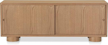 Hobbs Media Unit, Soft-Curve Silhouette, Solid Oak, Rounded Post Legs, Sliding Door Storage, Natural