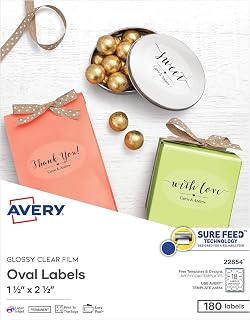 Avery Printable Blank Oval Labels, 1.5" x 2.5", Glossy Crystal Clear, 180 Customizable Labels (22854) (Pack of 5)