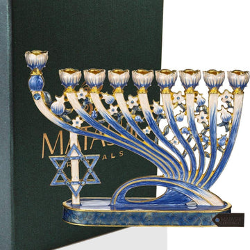 Matashi Hand Painted Menorah, Pewter with Blue Enamel and Crystals