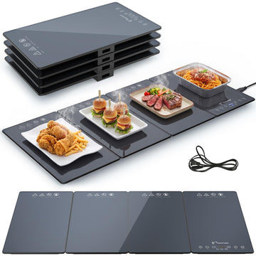Yazzropt Electric Warming Tray, 4-Panel Glass Mat with 17 Heat Levels and Timer, Gray