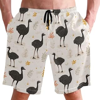 Pigsaly Mens Swim Trunks Leaves Black Emus Beach Board Shorts with Pocket Swimwear Bathing Suit S