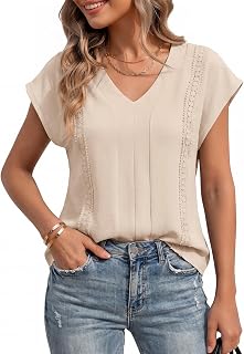 T Shirts for Women Womens V Neck Tops Summer Casual Blouses Dressy Lace Trim Short Sleeve Basic Tees Boho Fashion