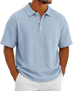 Men's Linen-Like Textured Polo Shirt Summer Casual Polo Shirt Short Sleeve Shirts Button Down Collar Loose Fit Top