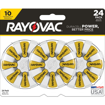 Size 10 Hearing Aid Batteries (24 Pack) by Rayovac – 24 Count, Yellow Tab, Model BD15106