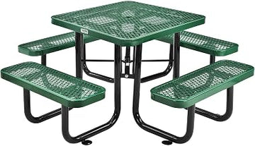 Global Industrial 36" Square Picnic Table, Expanded Metal, Green Thermoplastic Coating, Attached Benches, 1-1/2†Umbrella Pole Hole, Outdoor-Rated, 1000 lb Capacity