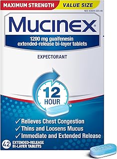 Chest Congestion, Mucinex Maximum Strength 12 Hour Extended Release Tablets, 42ct, 1200 mg Guaifenesin with extended relief of chest congestion caused by excess mucus, thins and loosens mucus