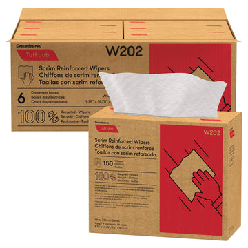 Tuff-Job Wipers by Cascades PRO – 1 Count (Pack of 6), Scrim Reinforced Paper, White, Pack of 6, Model W202