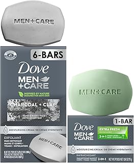 Dove Men+Care Body + Face Bar Pack (6 Large Bars) + Travel-Size Soap Bar – Exfoliating 3-in-1 Charcoal Soap with Clay for Skin Care, Hands & Shaving