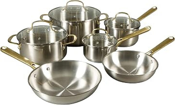 Oster Platinum Sunstreak Pots and Pans Set, 10-Piece Stainless Steel Cookware Set with Glass Strainer Lids and Gold Handles, Induction Cookware Set