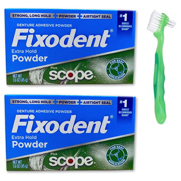 Extra Hold Denture Adhesive Powder Pack of 2 with 1 Denture Brush (3 Items) by Fixodent – Dentures, Partial Dentures, Green, Model FIXODENT1354