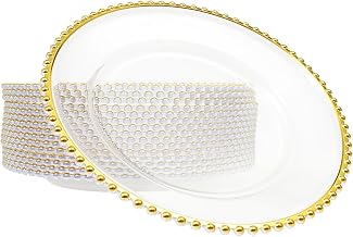 Disposable Charger Plates, 25 Pack, 12.6 Inch, Clear Gold Beaded | Plastic Plates, Elegant Round Serving Plates, For Wedding, Dinner Parties, Banquet, Events, PS Dinnerware, Easy Clean Up