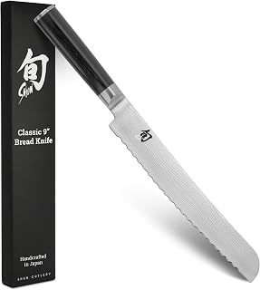 Shun Classic 9" Bread Knife, Handcrafted Japanese Serrated Knife, VG-MAX Core with Damascus Stainless Steel Cladding, Pakkawood Handle, Slicing Tool for Professional and Home Chefs
