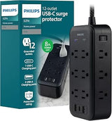 PHILIPS Surge Protector Power Strip with USB Ports | 8 Ft Long Braided Extension Cord, 3120 Joules, 12 Outlet Extender (Wide Spaced), 2 USB-A, 1 USB-C, Flat Plug, ETL Certified