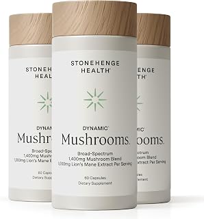 Stonehenge Health Dynamic Mushrooms 1,400 mg – 5 Mushroom Complex (Lion’s Mane, Reishi, Chaga, Maitake, Shiitake) – 100% Fruiting Bodies, – Brain, Memory, Focus & Immune Support – 60 Caps (3 Pack)