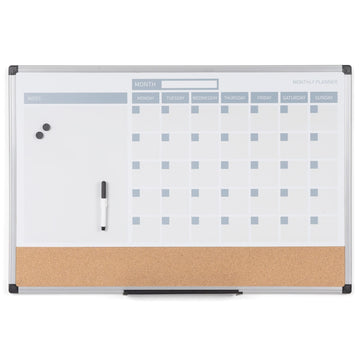 Magnetic Dry Erase Monthly Calendar Planner Push Pin Corkboard Combo with Marker Tray by MasterVision – 18"W x 24"H, Cork, White, Model MB3507186