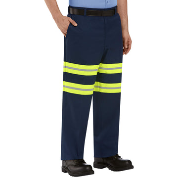 Men's Stain Resistant Enhanced Flat Front Work Pants by Red Kap – Polyester, Navy With Yellow/Green Visibility Trim, Model PT20EN 38 30-EN-38W x 30L