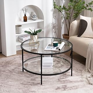 VINGLI 30" Glass Coffee Table, Round Coffee Tables for Living Room, Black | 2-Tier Clear Coffee Table with Storage, Circle Side Table Metal Frame, Modern Center Table Mesa de Centro para Sala