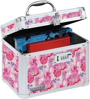 Vaultz Combination Lock Box - Secure Safe for Documents, Valuables, Medicine & Money - 10 x 7.25 x 7.75 Inch - Floral, Pink & Gray | Combination-lock case, standard 10 x 7.25 x 7.75 inch size, floral pink and gray design, secures medicine and valuables