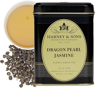Harney & Sons Dragon Pearl Jasmine Loose Leaf Green Tea Tin, 4 oz | Hand-rolled Chinese green tea pearls scented with jasmine flowers. Contains caffeine.
