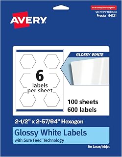 Avery Glossy White Hexagon Labels, Sure Feed® Technology, 2-1/2" x 2-57/64", 600 Glossy White Labels, Print-to-The-Edge, Permanent Adhesive, Laser/Inkjet Printable
