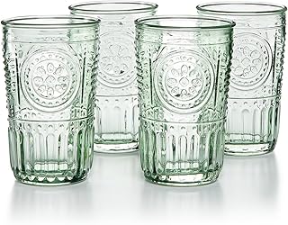 Bormioli Rocco Romantic Set Of 4 Cooler Glasses, 16 Oz. Colored Crystal Glass, Pastel Green, Made In Italy.