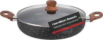 Hamilton Beach 4.5 Quart Aluminum Nonstick Marble Coating Even Heating Round Beach Low Oven Pot with Glass Lid and Wooden Like Soft Touch Handle, Dutch Oven Pot for Baking, Braising, Roasting, & More
