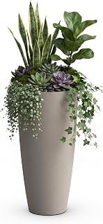 Mayne Solace 28in Tall Round Planter with Drainage, Chai 1-Pack | Fade resistant, All Season, Removable planting tray, Drainage hole with plugs, Indoor/Outdoor use, 5-year warranty