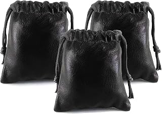3 Pack Lambskin Leather Drawstrings Pouch: Black, 11.5cm X 11.5cm