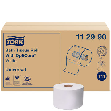 Tork 112990 Universal Bath Tissue Roll with OptiCore – 1-Ply, 3.75" Width x 4.0" Length, White (Case of 36 Rolls, 1755 Sheets per Roll, 63,180 Sheets per Case)