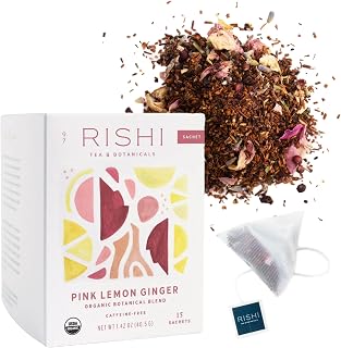 Rishi Tea Pink Lemon Ginger Organic Herbal Tea Bags, Caffeine Free, 15ct