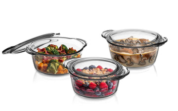Simax Glass Casserole Set with Lids, 1.5 1.75 and 3 Quart Capacities, Transparent