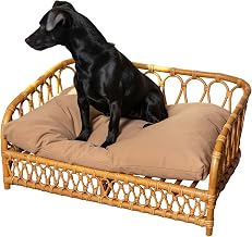 DBD1005A Elevated 27.5" x 17" Bohemian Handwoven Rattan Dog Daybed with Machine-Washable Cushion, Natural