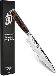 Shun Premier 6.5" Serrated Utility Knife, Handcrafted Japanese Knife, VG-MAX Core with Damascus Stainless Steel Cladding, Pakkawood Handle, Precision and Sharpness for Professional and Home Chefs