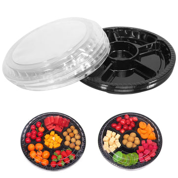 Mwellewm Divided Plastic Serving Tray with Lid, 13.7 Inch, Black, 10 Pack