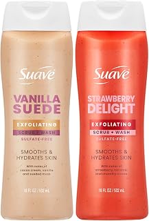 Suave Exfoliating Body Wash & Scrub Strawberry Delight & Vanilla Suede Variety Pack 2-Pack with Glycerin & Vitamin E, Sulfate-Free Hydrating Cleanser for Soft, Smooth Skin, 18 FL OZ EA