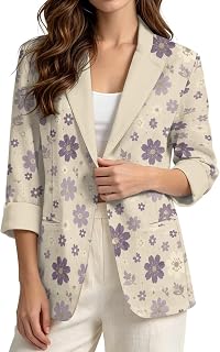 Womens Linen Like Blazer One Button Cuffed 3/4 Sleeve Lightweight Casual Suit Jacket