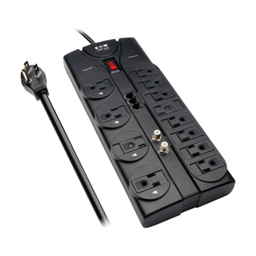 Eaton Flat Plug Surge Protector TV & Phone Ports by TRIPP LITE – 12 Outlets, Plastic, Black, Model TLP1208TELTV