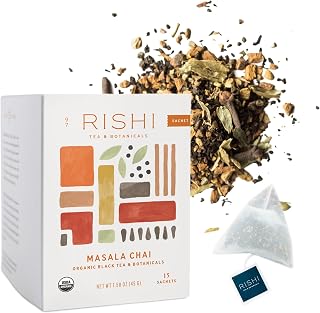 Rishi Tea Masala Chai Organic Black Sachet Tea Bags, Caffeinated, 15ct